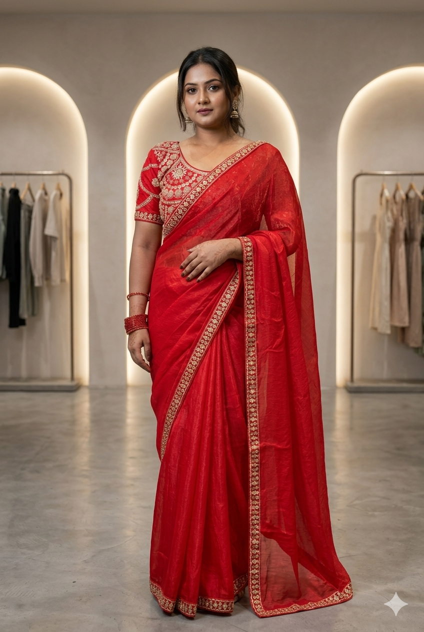 Women Red Saree With Zari Work On Blouse | Ladies Wear