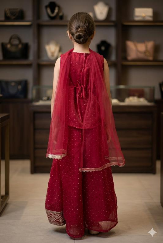 Girls Red Embroidered Sharara Set with Dupatta