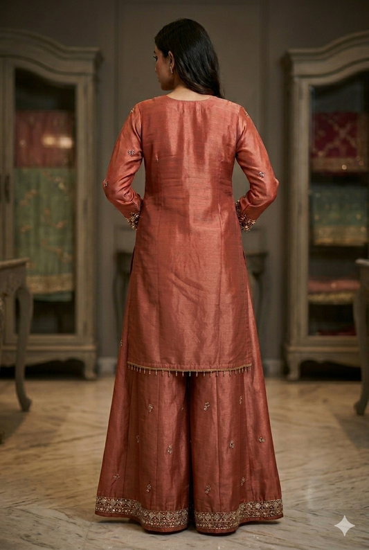Women Red Fendi Silk Skirt Kurti Set With Beads Work | Ladies Wear