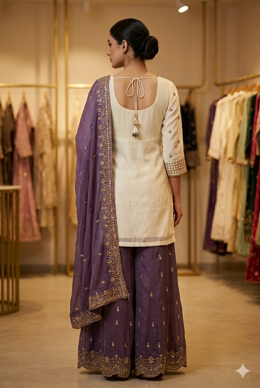 Imperial Cream & Teal Sharara Set with Scalloped Hem And Hand-Work