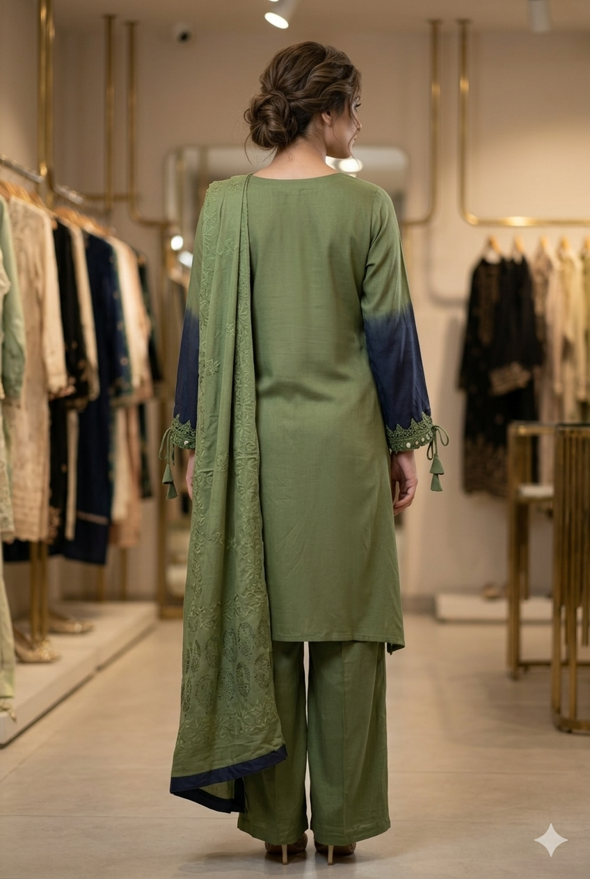 Elegant Olive & Charcoal Ombré Cotton Kurti Set