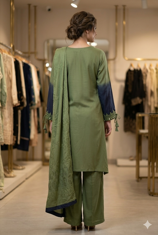 Elegant Olive & Charcoal Ombré Cotton Kurti Set