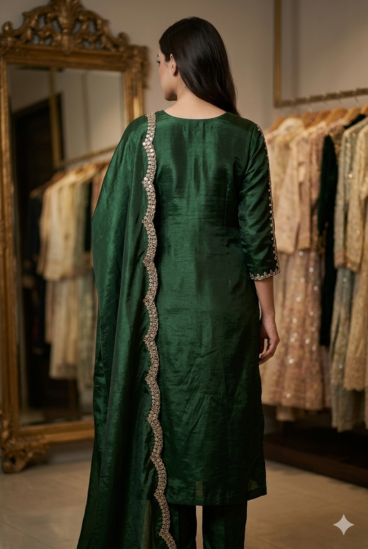Emerald Royalty Hand-Worked Raw Silk Kurta Pant Set With Scalloped Dupatta | Ladies Wear