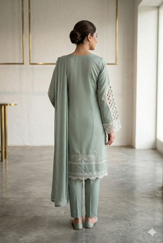 Sage Green Embroidered Pakistani Kurti Pant Set with Dupatta | Ladies Wear