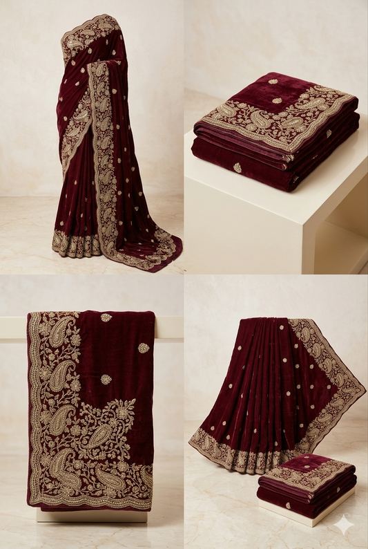 Wine Red Designer Embroidered Saree for Women