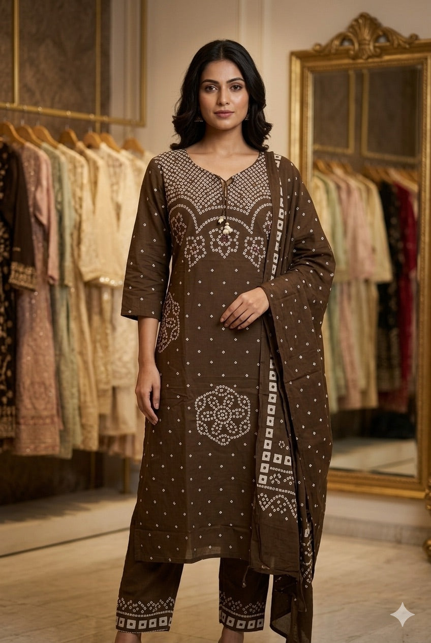 Brown Printed Cotton Kurti Set with Dupatta
