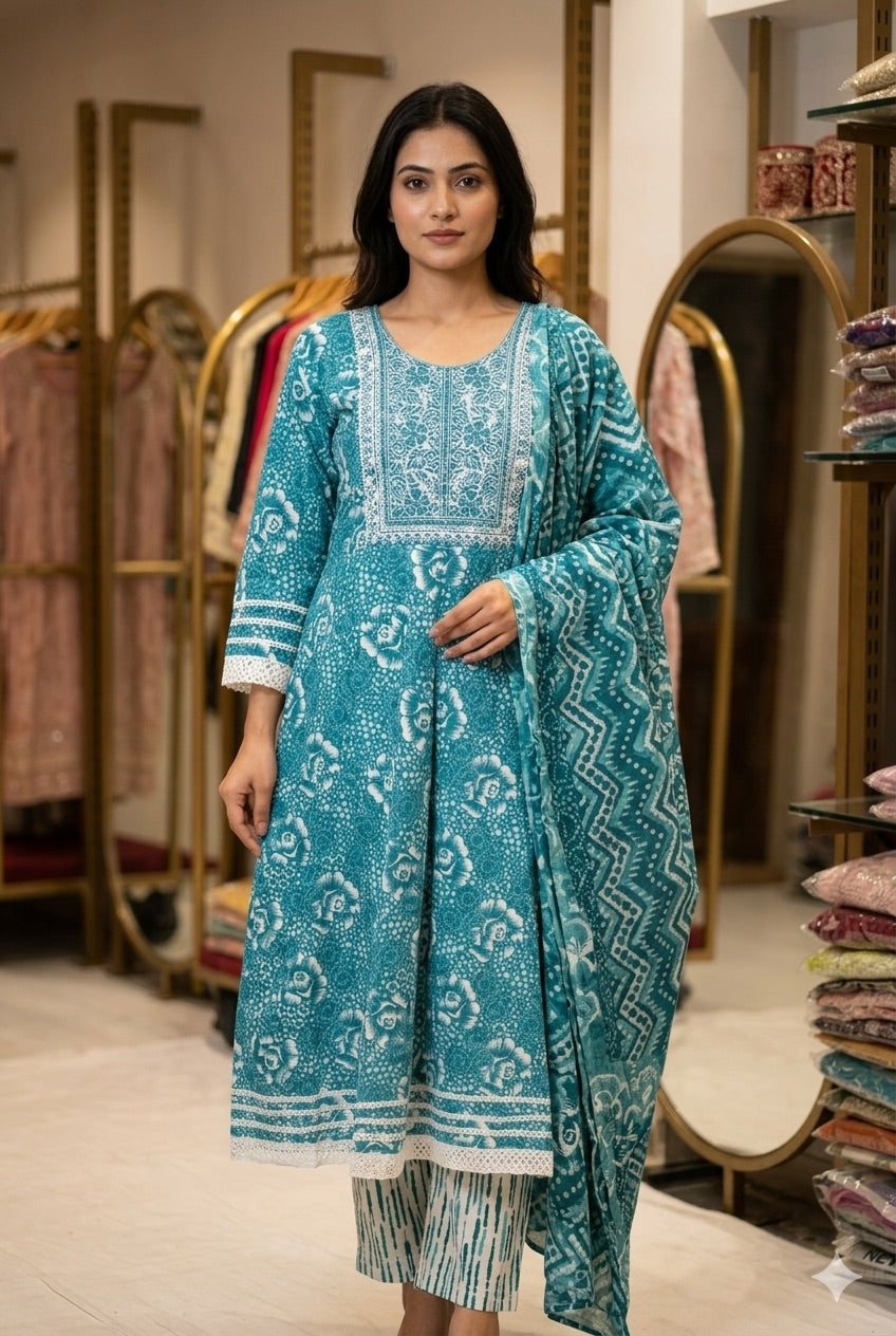 Turquoise Blue Printed Cotton Anarkali Dress Set with Dupatta