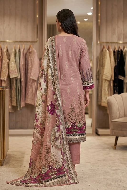 Dusty Rose Printed Cotton Kurti & Pant Set with Dupatta