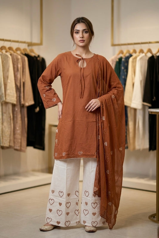 Heart Embroidered Cotton Short Kurti & Palazzo Set with Dupatta