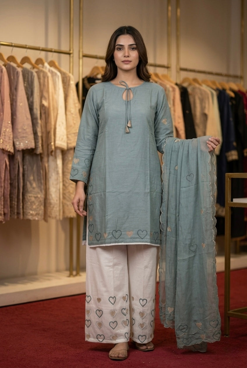 Heart Embroidered Cotton Short Kurti & Palazzo Set with Dupatta