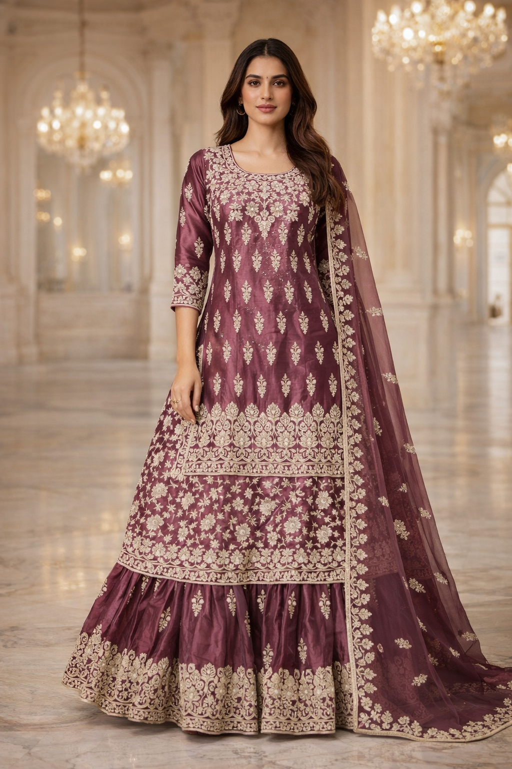 Maroon Kurti With Farsi Skirt & Dupatta| Ladies Wear
