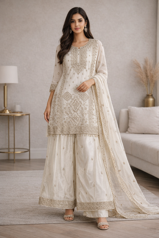Ivory White Embroidered Pakistani Kurti Palazzo Set with Dupatta | Ladies wear