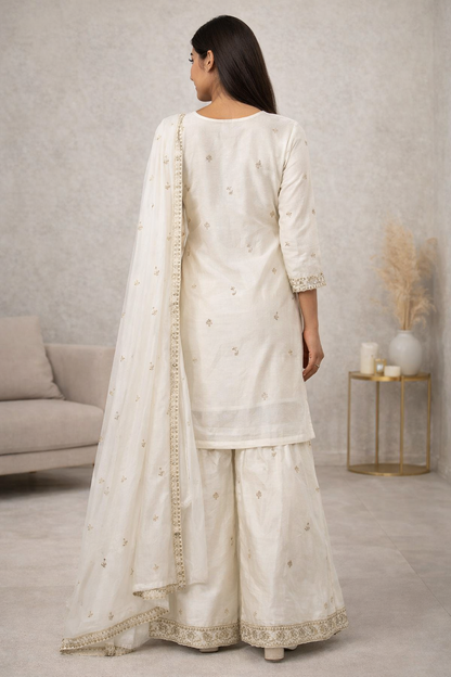 Ivory White Embroidered Pakistani Kurti Palazzo Set with Dupatta | Ladies wear