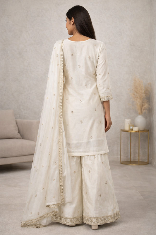 Ivory White Embroidered Pakistani Kurti Palazzo Set with Dupatta | Ladies wear