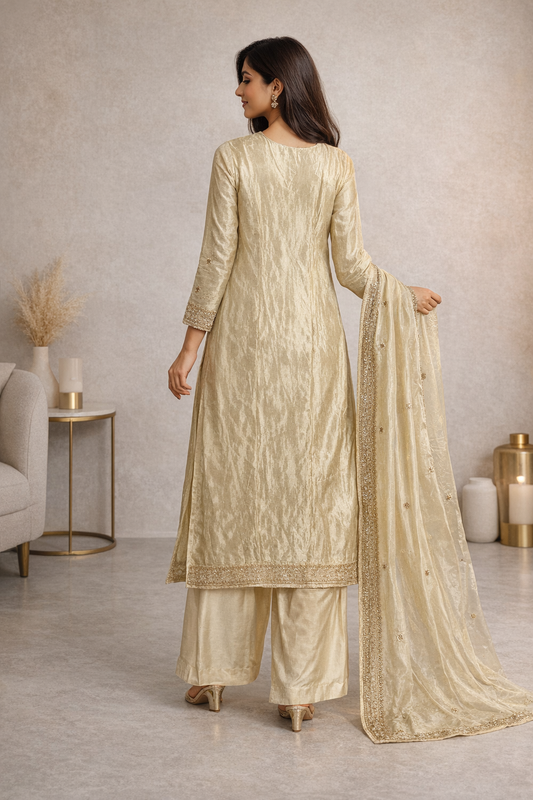 Women Cream Silk Party Wear Pakishtani Kurti Set With Embroidery | Ladies Wear