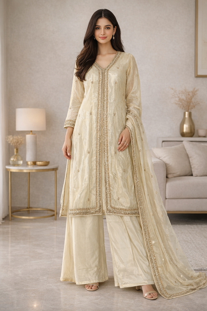 Women Cream Silk Party Wear Pakishtani Kurti Set With Embroidery | Ladies Wear