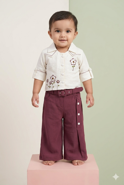 Baby Girl White Top & Mehroon Plazo Set with Embroidery