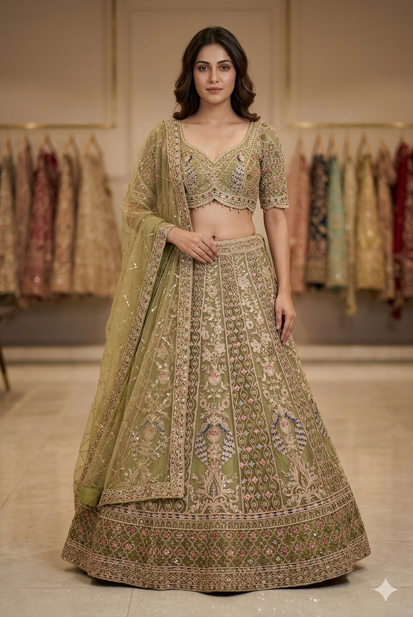 Women Sage Green Net Lehenga Choli | Ladies Wear