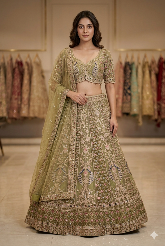 Women Sage Green Net Lehenga Choli | Ladies Wear