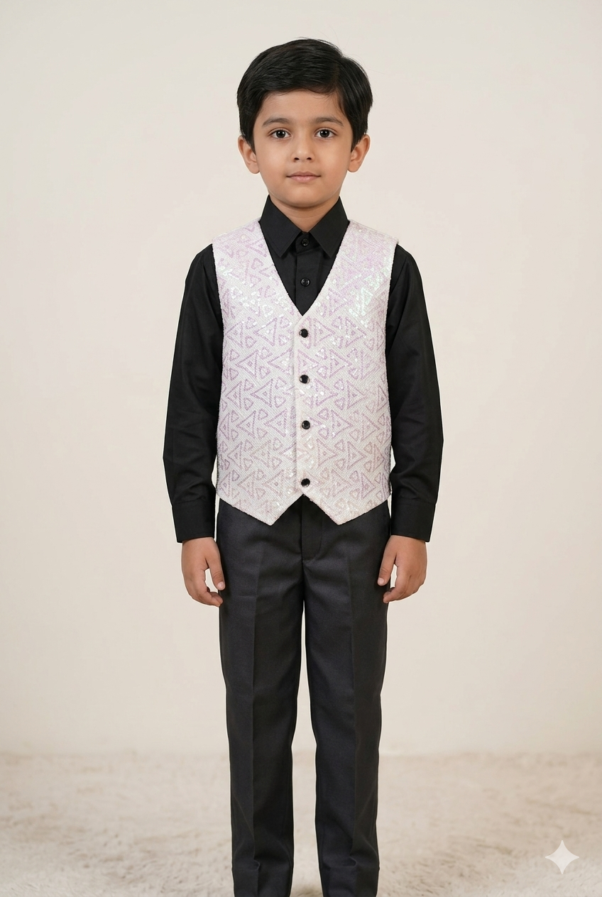 Kids Designer White & Black Coat Pant Set