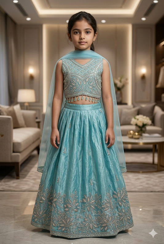 Girls Sky Blue Embroidered Lehenga Choli Set