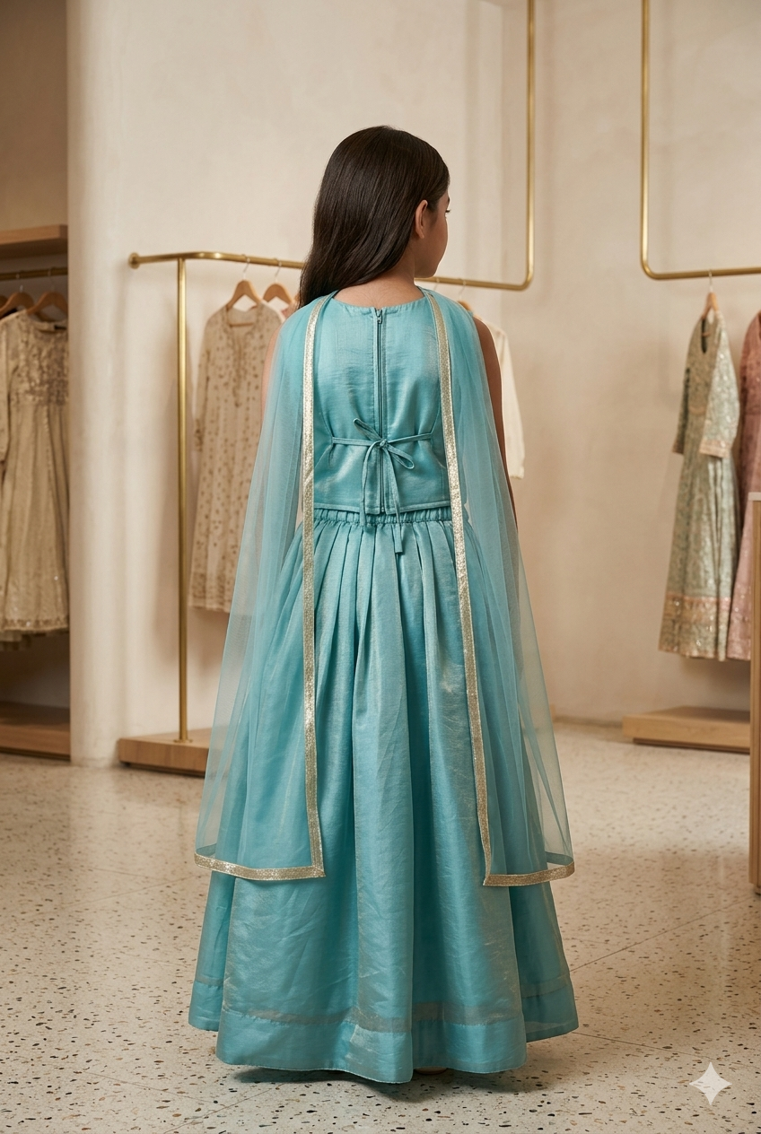 Girls Sky Blue Embroidered Lehenga Choli Set