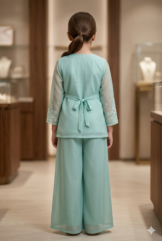 Girls Mint Green Embroidered Palazzo Set