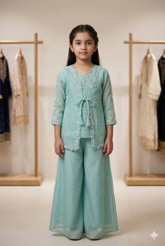 Girls Mint Green Embroidered Palazzo Set