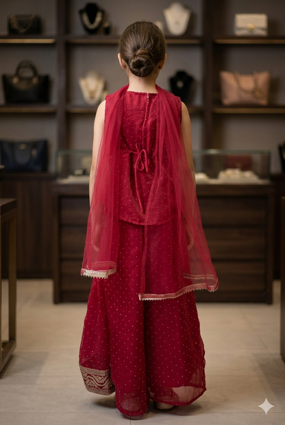 Girls Red Embroidered Sharara Set with Dupatta