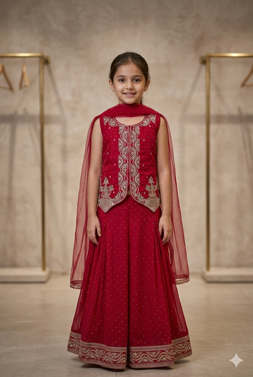 Girls Red Embroidered Sharara Set with Dupatta