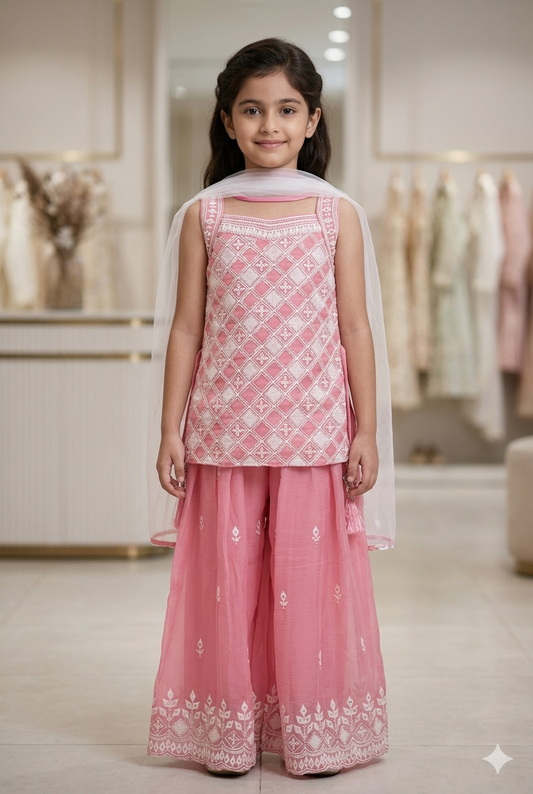 Girls Pink Embroidered Palazzo Set With Dupatta