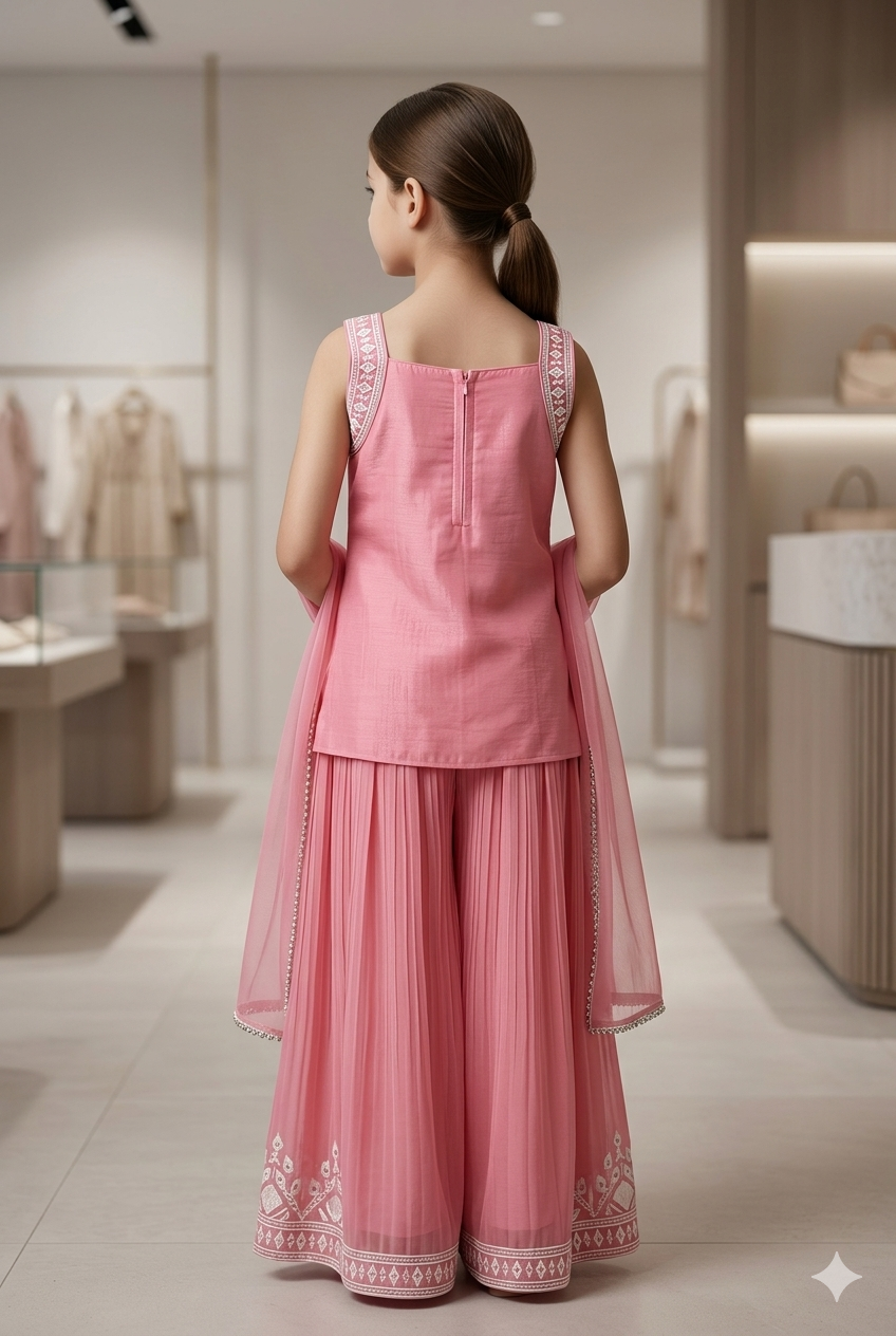 Girls Pink Embroidered Palazzo Set With Dupatta