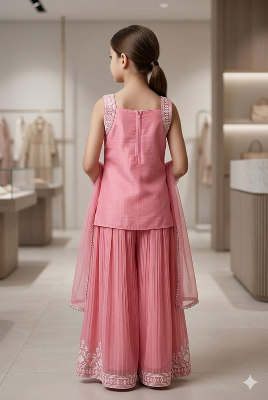 Girls Pink Embroidered Palazzo Set With Dupatta