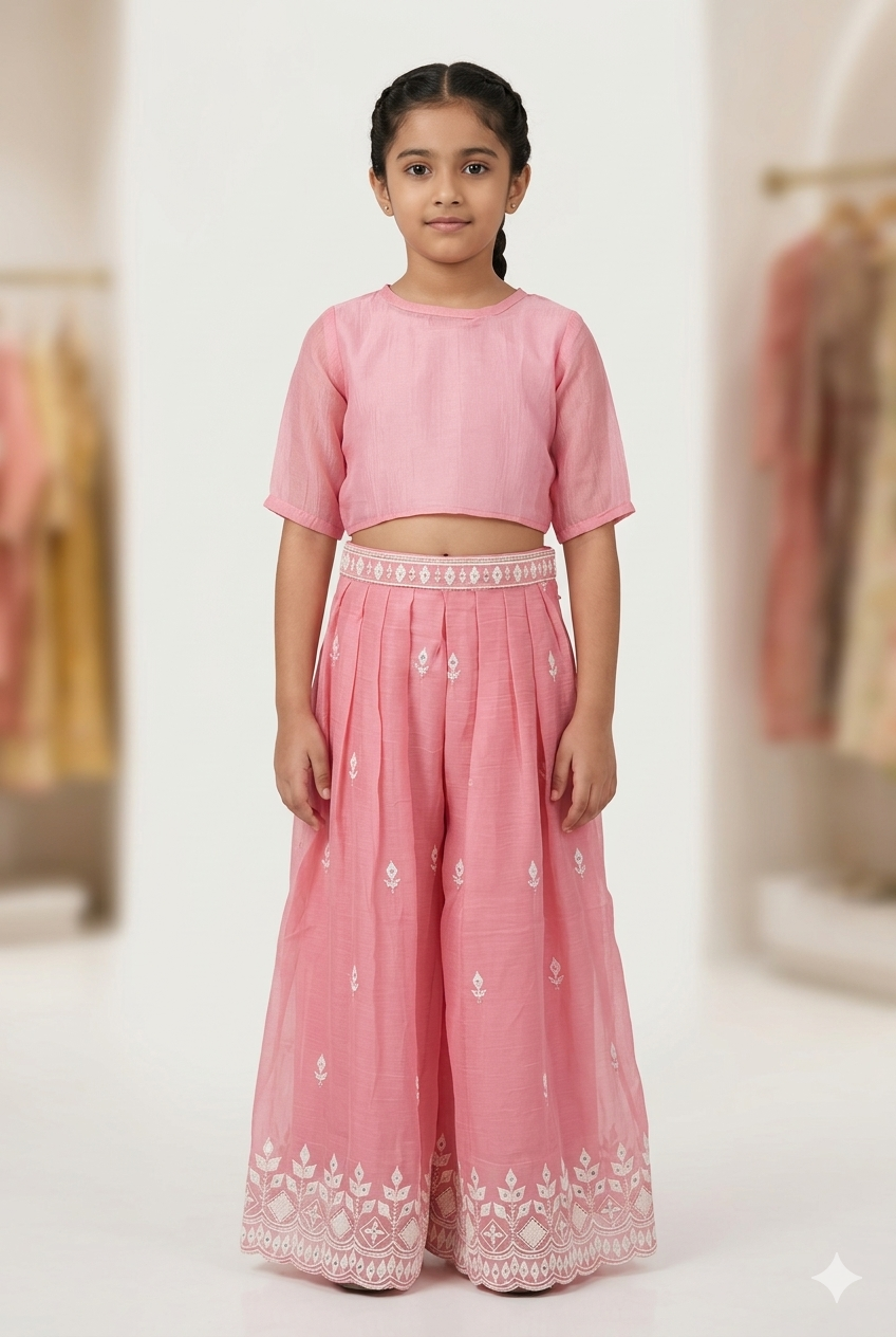 Girls Pink Embroidered Palazzo Set With Dupatta