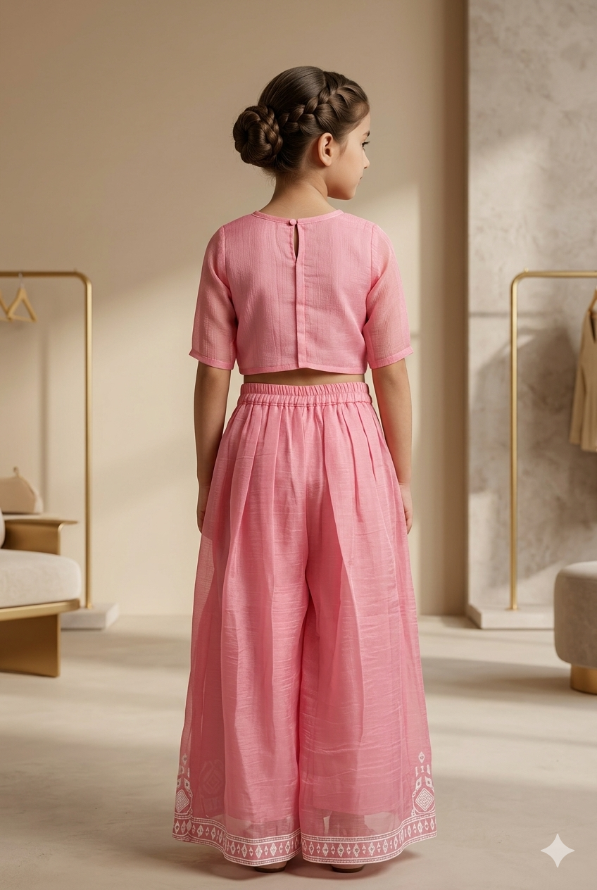 Girls Pink Embroidered Palazzo Set With Dupatta