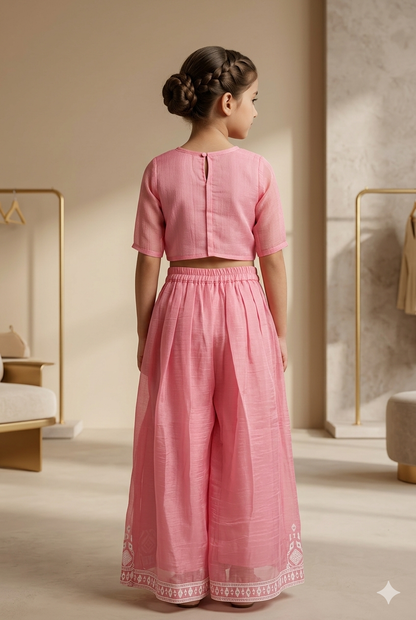 Girls Pink Embroidered Palazzo Set With Dupatta