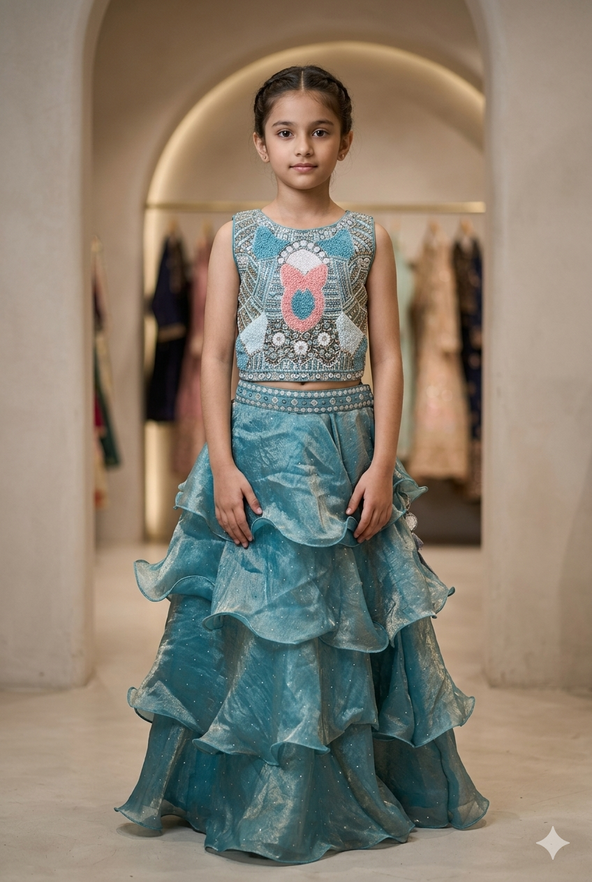 Girls Sky Blue Lehenga Choli Set With Net Dupatta
