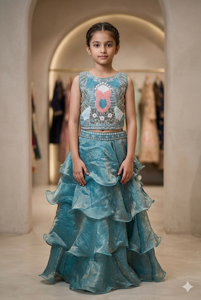 Girls Sky Blue Lehenga Choli Set With Net Dupatta