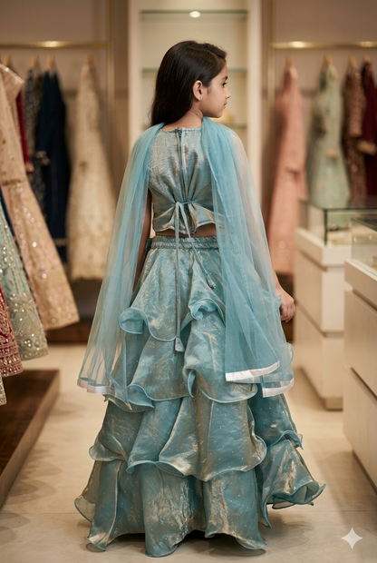 Girls Sky Blue Lehenga Choli Set With Net Dupatta