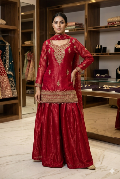 Women Red Fendi Silk Skirt Kurti Set With Beads Work | Ladies Wear