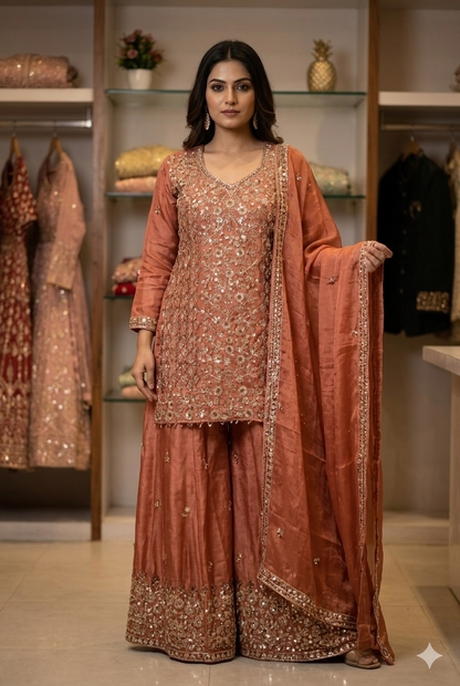 Women Red Fendi Silk Skirt Kurti Set With Beads Work | Ladies Wear