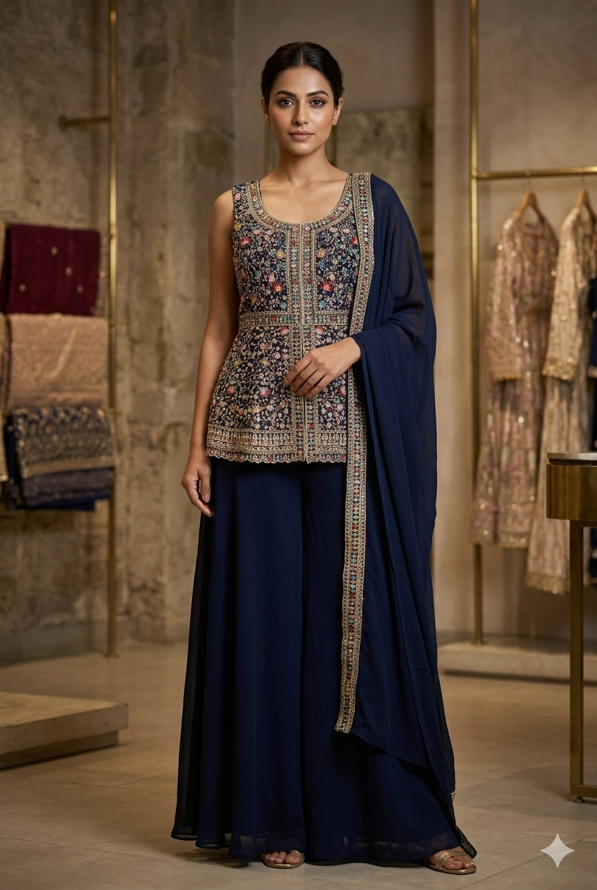 Designer Vavy Blue Party Wear Plazo Set For Women | Ladies Wear