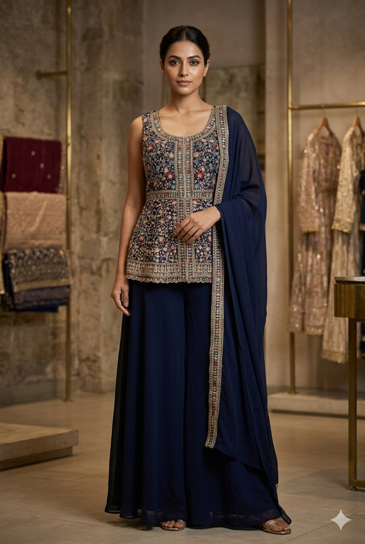 Designer Vavy Blue Party Wear Plazo Set For Women | Ladies Wear