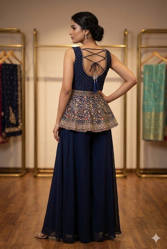 Designer Vavy Blue Party Wear Plazo Set For Women | Ladies Wear