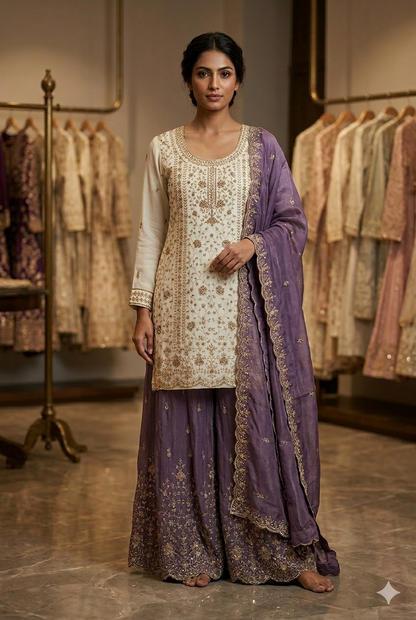 Imperial Cream & Teal Sharara Set with Scalloped Hem And Hand-Work