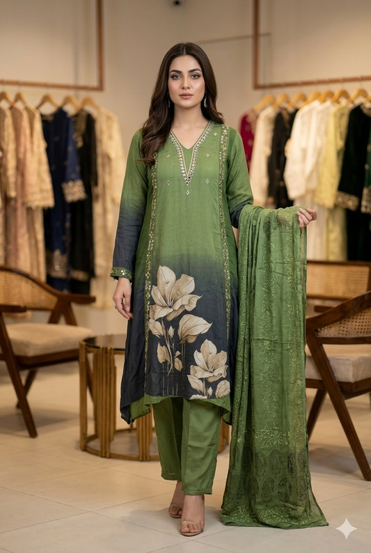 Elegant Olive & Charcoal Ombré Cotton Kurti Set