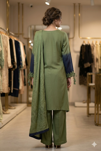 Elegant Olive & Charcoal Ombré Cotton Kurti Set