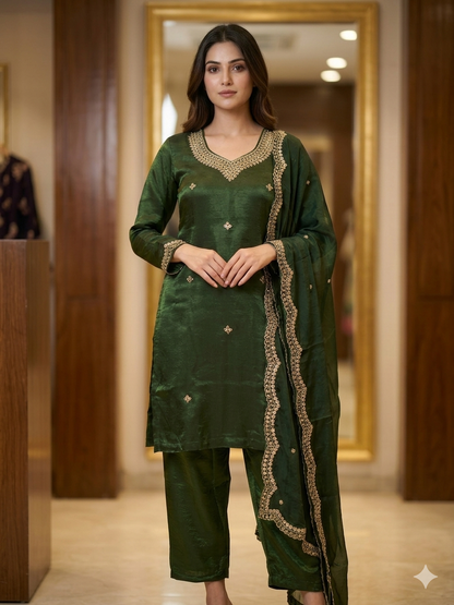 Emerald Royalty Hand-Worked Raw Silk Kurta Pant Set With Scalloped Dupatta | Ladies Wear