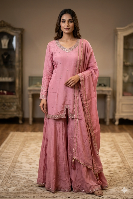 Blush Rose Chinon Sharara Set With Hand-Crafted Mirror And Slit Detailing | Ladies Wear