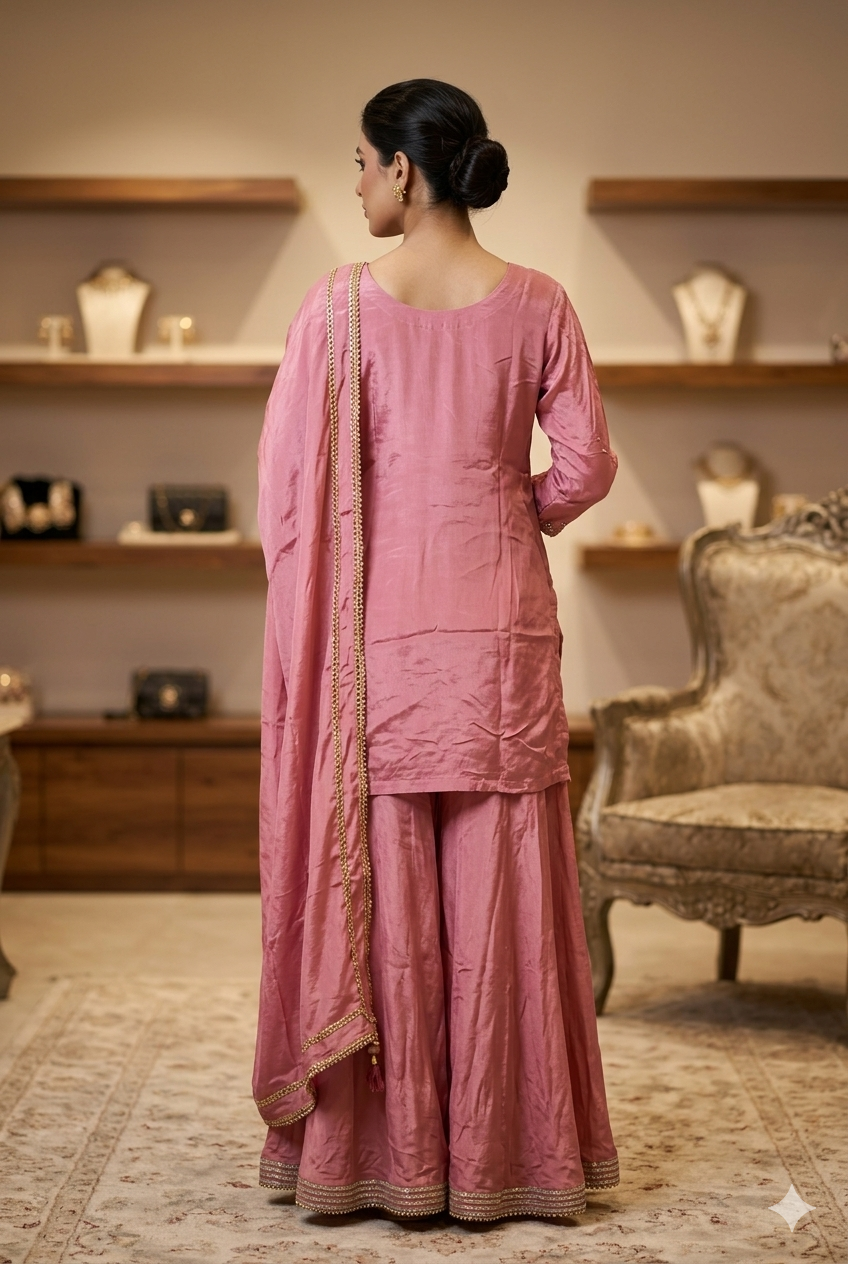 Blush Rose Chinon Sharara Set With Hand-Crafted Mirror And Slit Detailing | Ladies Wear